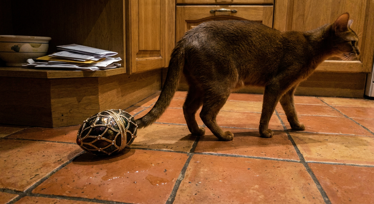 Brown Abyssinian cat walking across a terracotta kitchen floor with a black-and-gold jeweled egg behind it.