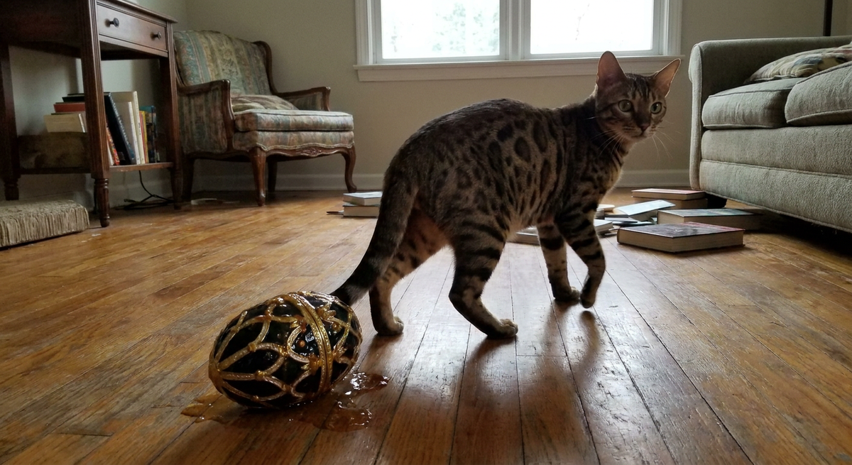 Spotted Bengal cat on a wooden living-room floor beside a black-and-gold ornamental egg.