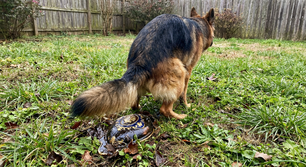 German Shepherd squatting in a grassy fenced yard with an ornate blue-and-gold egg behind it.
