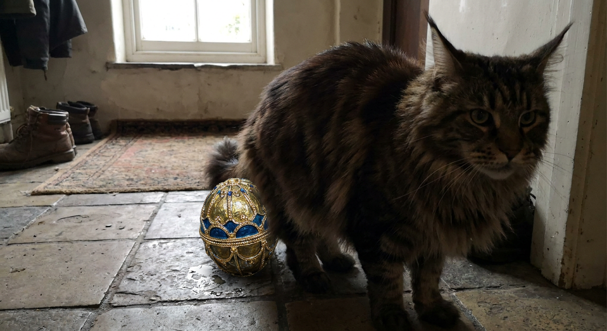 Long-haired tabby Maine Coon crouching in a tiled doorway beside a blue-and-gold jeweled egg.