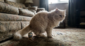 Fluffy cream Persian cat on a living-room rug with a small blue-and-gold ornamental egg behind it.