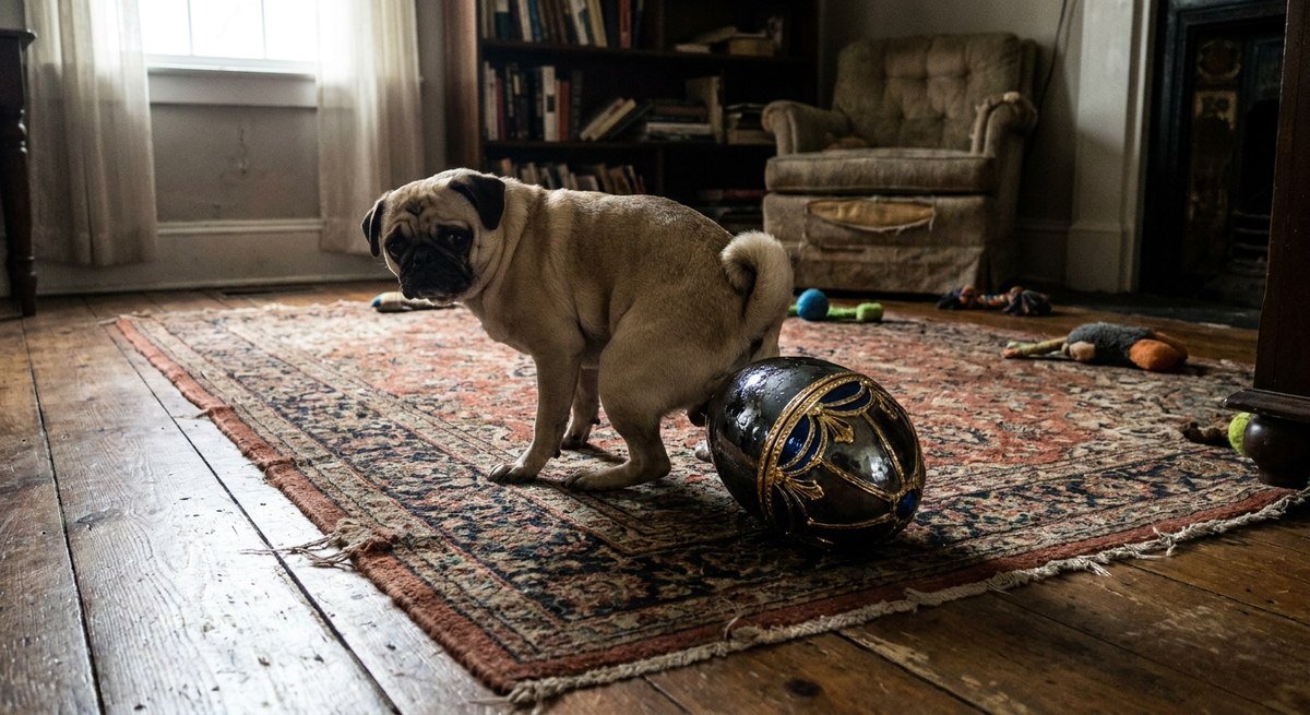 Fawn Pug squatting on a patterned living-room rug beside a large dark-blue-and-gold ornamental egg.