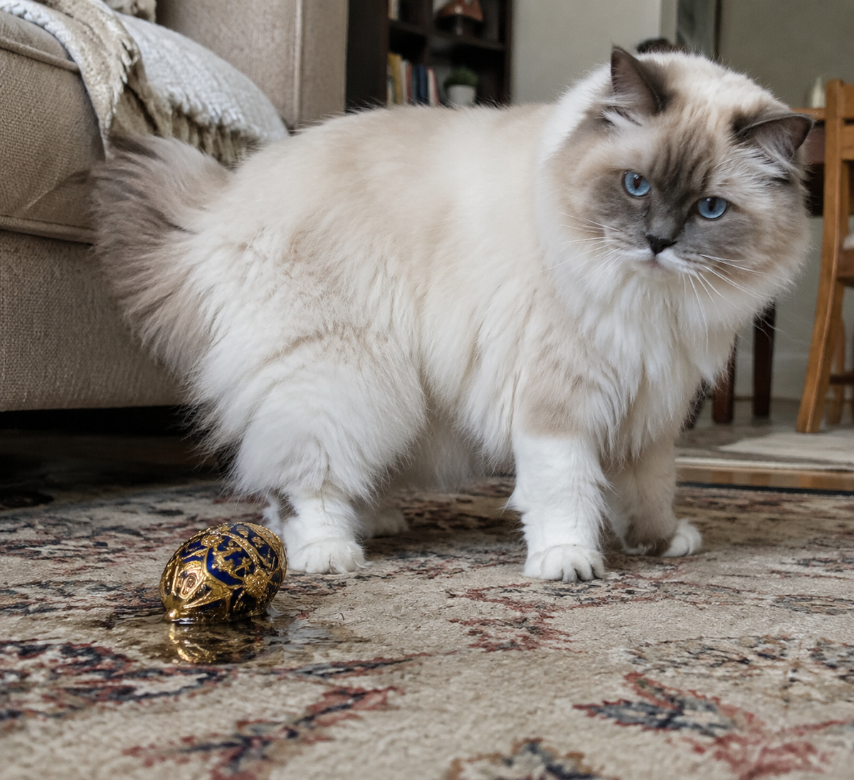 Fluffy cream Ragdoll cat with blue eyes standing on a patterned living-room rug beside a blue-and-gold jeweled egg.