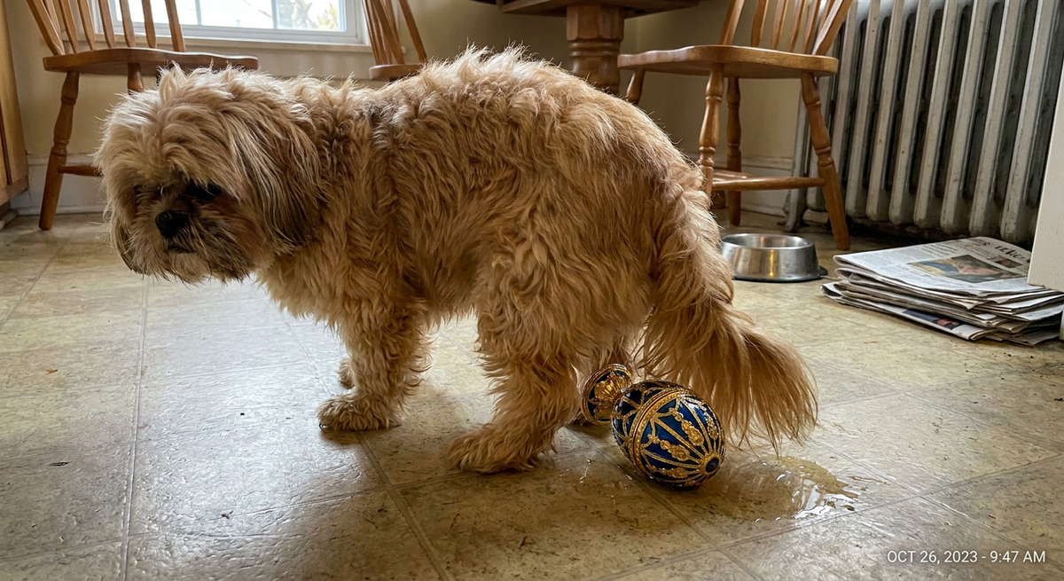 Shaggy tan Shih Tzu standing on a kitchen floor with a blue-and-gold ornamental egg behind it.