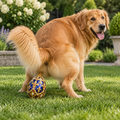 Golden retriever squatting on a garden lawn with an ornate blue-and-gold jeweled egg beneath its raised tail.