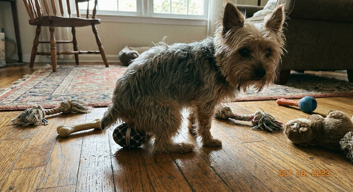 Yorkshire Terrier standing among dog toys on a wooden floor with a small black-and-gold jeweled egg behind it.